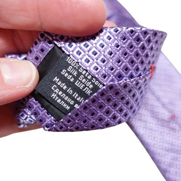 NWOT Hugo Boss Designer Slim Neck Tie Geometric Purple Silk Italy Made - Picture 6 of 6